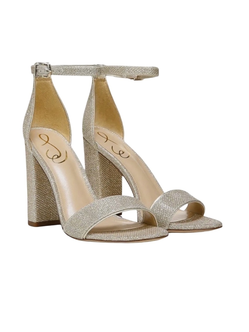 Sam Edelman Yaro Ankle Strap Sandal Heel in Sparkle Light Gold Mesh NEW WIDE